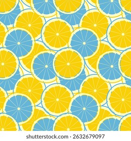 Bright summer pattern with citrus slices, fresh juice, summer vibe. Blue and orange colors. Juicy pattern.