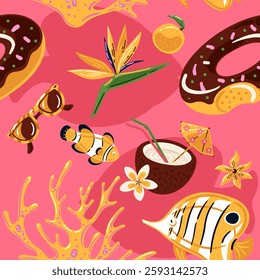 Bright summer pattern with corals, flowers, fish, donut inflatable and coconut cocktail.