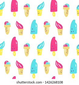 Bright summer pattern with different ice-cream. Set of cute summer hand drawn labels, logos, tags and elements for holiday, travel, beach vacation
