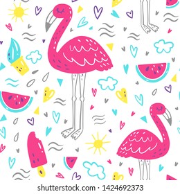 Bright summer pattern with flamingo, hearts, ice-cream, watermelon, cloud. Set of cute summer hand drawn labels, logos, tags and elements for holiday, travel, beach vacation with positive quotes.