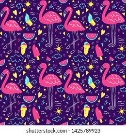 Bright summer pattern with flamingo, hearts, ice-cream, watermelon, cloud on violet background. Set of cute summer hand drawn labels, logos, tags and elements for holiday, travel, beach vacation with 