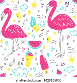 Bright summer pattern with flamingo, hearts, ice-cream, watermelon, cloud. Set of cute summer hand drawn labels, logos, tags and elements for holiday, travel, beach vacation with positive quotes.