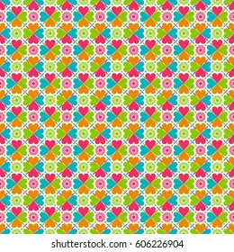 Bright summer pattern with flowers and hearts. Seamless background. It can be used for wedding invitation, Valentines, wallpaper, printing on the packaging paper, textiles.