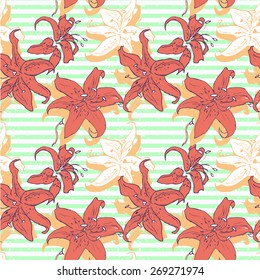 Bright summer pattern with flowers on stripes background