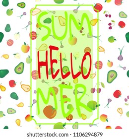 Bright summer pattern with flying vegetables and fruits on a white background in pastel colors. Frame with text - Summer Hello. For the design of postcards, clothes, accessories.