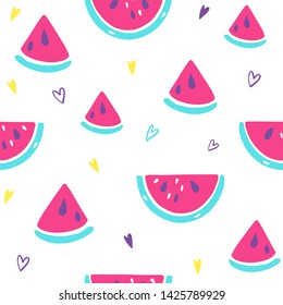 Bright summer pattern with ice-cream, watermelon. Set of cute summer hand drawn labels, logos, tags and elements for holiday, travel, beach vacation