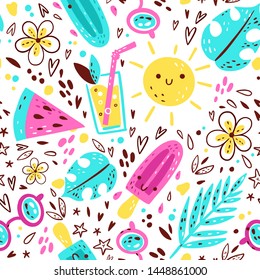 Bright summer pattern with ice-cream, watermelon, sun, pineapple, cocktail, monstera, starfish, seashell, glasses. Tropical set for labels, logos, tags and elements for holiday, travel, beach vacation