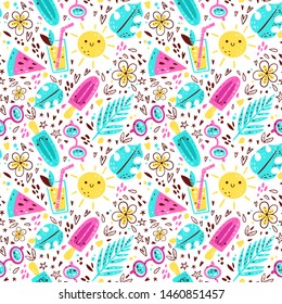 Bright summer pattern with ice-cream, watermelon, sun, pineapple, cocktail, monstera, starfish, seashell, glasses. hand drawn labels, logos, tags and elements for holiday, travel, beach vacation