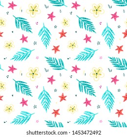 Bright summer pattern with palm, tropical flower, starfish . Tropical set for labels, logos, tags and elements for holiday, travel, beach vacation
