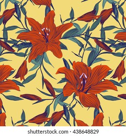 
Bright summer pattern . Red lily with buds on a yellow background .