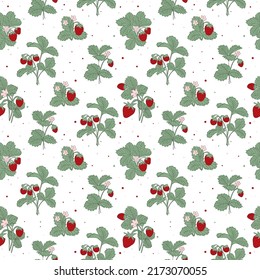 Bright summer pattern with strawberry bushes and abstract round spots.botanical pattern