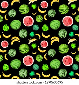 Bright summer pattern. Tropical fruit. Watermelon and banana. Print on t-shirt