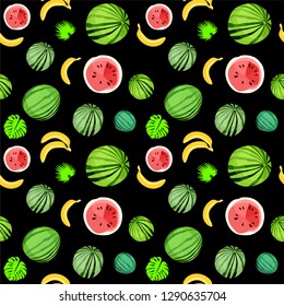 Bright summer pattern. Tropical fruit. Watermelon and banana. Print on t-shirt