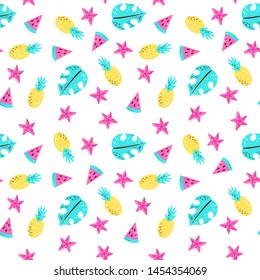 Bright summer pattern with watermelon, pineapple, monstera, starfish. Tropical set for labels, logos, tags and elements for holiday, travel, beach vacation