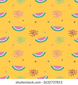 Bright summer pattern with watermelon slices, doodle suns, and hearts on yellow background — seamless vector for kids prints, textiles, and seasonal designs.