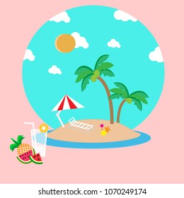 Bright summer pictures with sun loungers and beach umbrellas alternate red on the beach with blue sea views and coconut trees and a refreshing glass of juices.