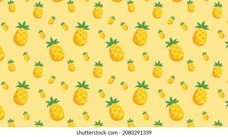 Bright summer pineapple fruit seamless pattern background with flowers, leaves and blossoms yellow color
