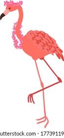 
bright summer pink flamingo character with tropical flowers