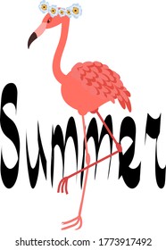 
bright summer pink flamingo character with tropical flowers