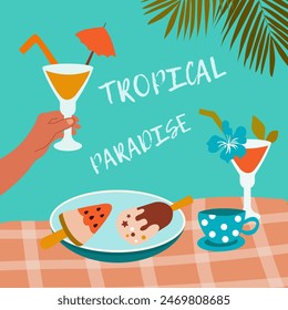 Postal de verano brillante. Un cartel de vacaciones de verano hermoso. Ilustración vectorial.