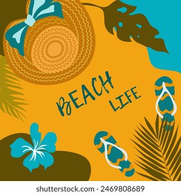 Bright summer postcard. A beautiful summer beach holiday poster. Vector illustration.