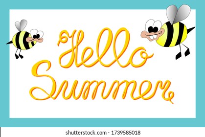 Bright summer postcard with happy cheeky bees. Hand-written text "Hello Summer". Vector image.