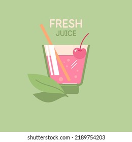 A bright summer poster advertises a refreshing drink. Juice from fruits and berries in a glass with a straw.
