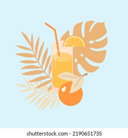 Un cartel de verano brillante anuncia una bebida refrescante. Zumo de naranja en un vaso con paja.