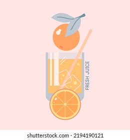 A bright summer poster advertises a refreshing drink. Orange juice in a glass with a straw. Beautiful illustration for your design. A glass glass with a drink.