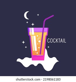 A bright summer poster advertises a refreshing drink. Juice in a glass with a straw. An illustration for your design.