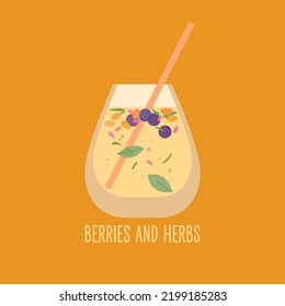 A bright summer poster advertises a refreshing drink. Juice from fruits and berries in a glass with a straw.