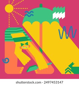 Bright summer poster. Card on a pink background with a character. Set of elements in geometric style. Illustration on the theme of the beach and the sea.