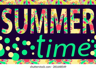 Bright summer poster with colorful flowers pattern done with clipping mask. Vector illustration can be used for backgrounds, web design, surface textures and other crafts.