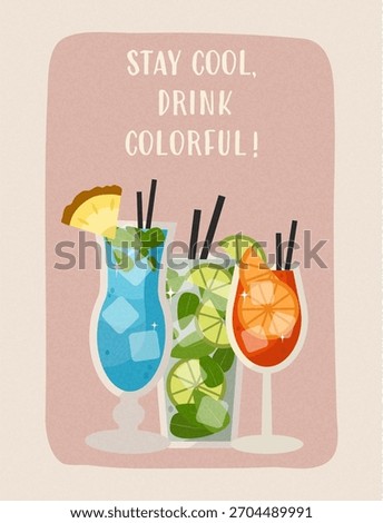 Bright summer poster featuring colorful tropical cocktails with citrus fruits, ice, and umbrellas. Flat modern design ideal for bar menu, party banner, or summer event decor
