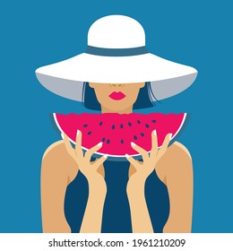 Bright summer poster: a girl in a white hat with a watermelon in her hands. Vector, isolated.