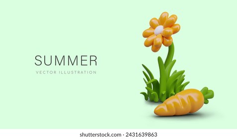 Póster de verano brillante en estilo plastilina. Flor amarilla realista en la hierba, zanahoria naranja