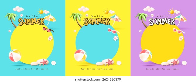 Bright summer poster set with palm trees, beach ball, umbrella, and sunglasses on pastel backgrounds. Great for holiday promotions, cards, and seasonal designs.