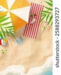 Bright summer poster template. Vector summer beach with beach chair, umbrella, ball, seashells, flip flops, sea wave, tropical leaves, flowers. Ad flyer for promotion of summer goods, events, holiday.