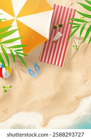 Bright summer poster template. Vector summer beach with beach chair, umbrella, ball, seashells, flip flops, sea wave, tropical leaves, flowers. Ad flyer for promotion of summer goods, events, holiday.