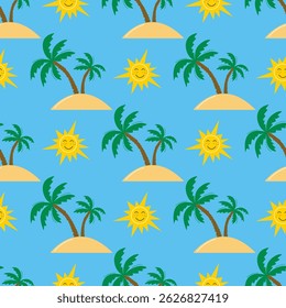 Bright summer print with palm tree on island and sun. Beach holiday vacation background. Tropical seamless patten, vector graphic