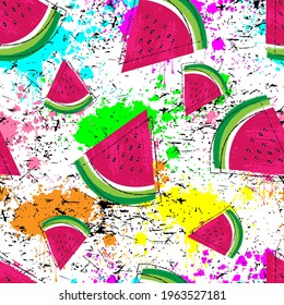 Bright summer print with slice of watermelon on blots and scuffs. Seamless pattern for textiles.