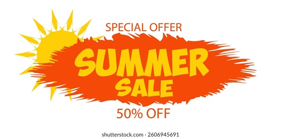 Bright summer sale announcement showcasing 50 percent discount on various products during the warm season.