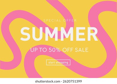 Bright Summer Sale Banner with Abstract Pink Lines on Yellow Background. Bold typography and colorful colors perfect for promotions, ads, and social media posts.