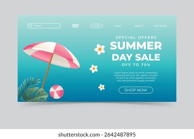 Bright summer sale banner with beach umbrella, float ring, and decorative stars on blue background.