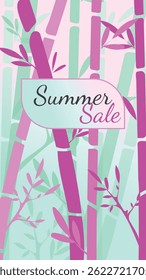 Bright summer sale banner with colorful bamboo background. Modern vertical template for discounts, mobile ads, or social media. Vector design in trendy pink and mint colors.