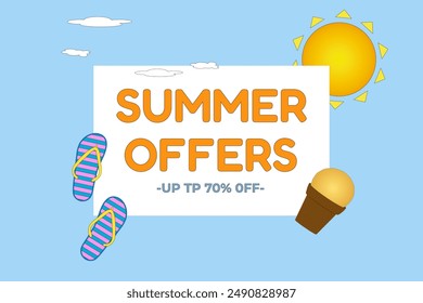 Bright summer sale banner featuring sun, flip-flops, and ice cream. Ideal for promotions and advertisements during the summer season.