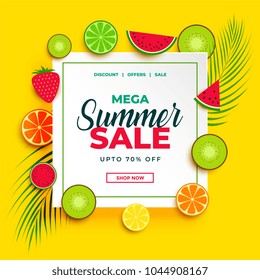 bright summer sale banner with fruits background