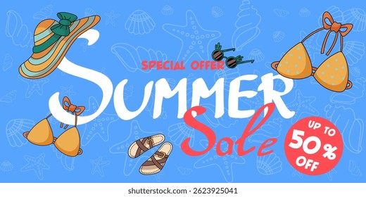 Bright summer sale banner with lettering, swimsuit, hat, sunglasses, sandals and seashell pattern. Colorful cartoon vector for seasonal promo and shop ads.