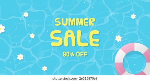 Bright summer sale banner with lifebuoy and floral elements