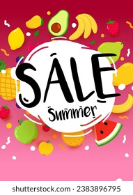 Bright summer sale banner with pieces of ripe fruit, bright red design. Vector illustration template. Lettering concept for product promotion.